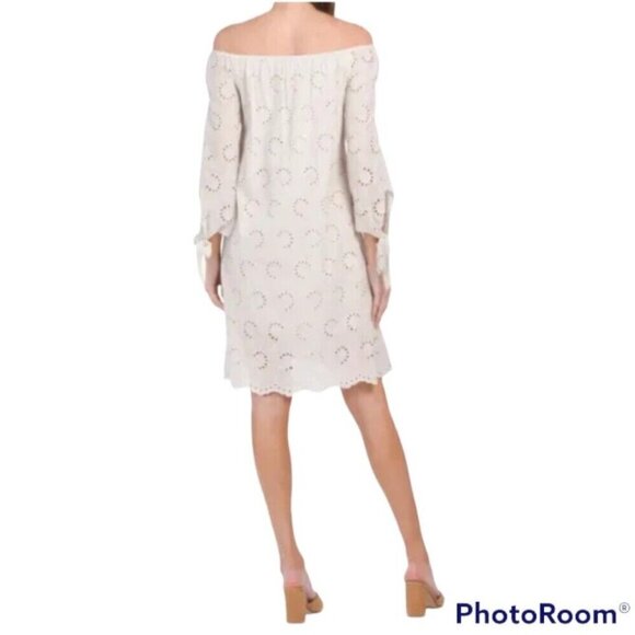 Valentina Naldi Off-Shoulder Eyelet Shift Dress in Sand - Picture 2 of 6